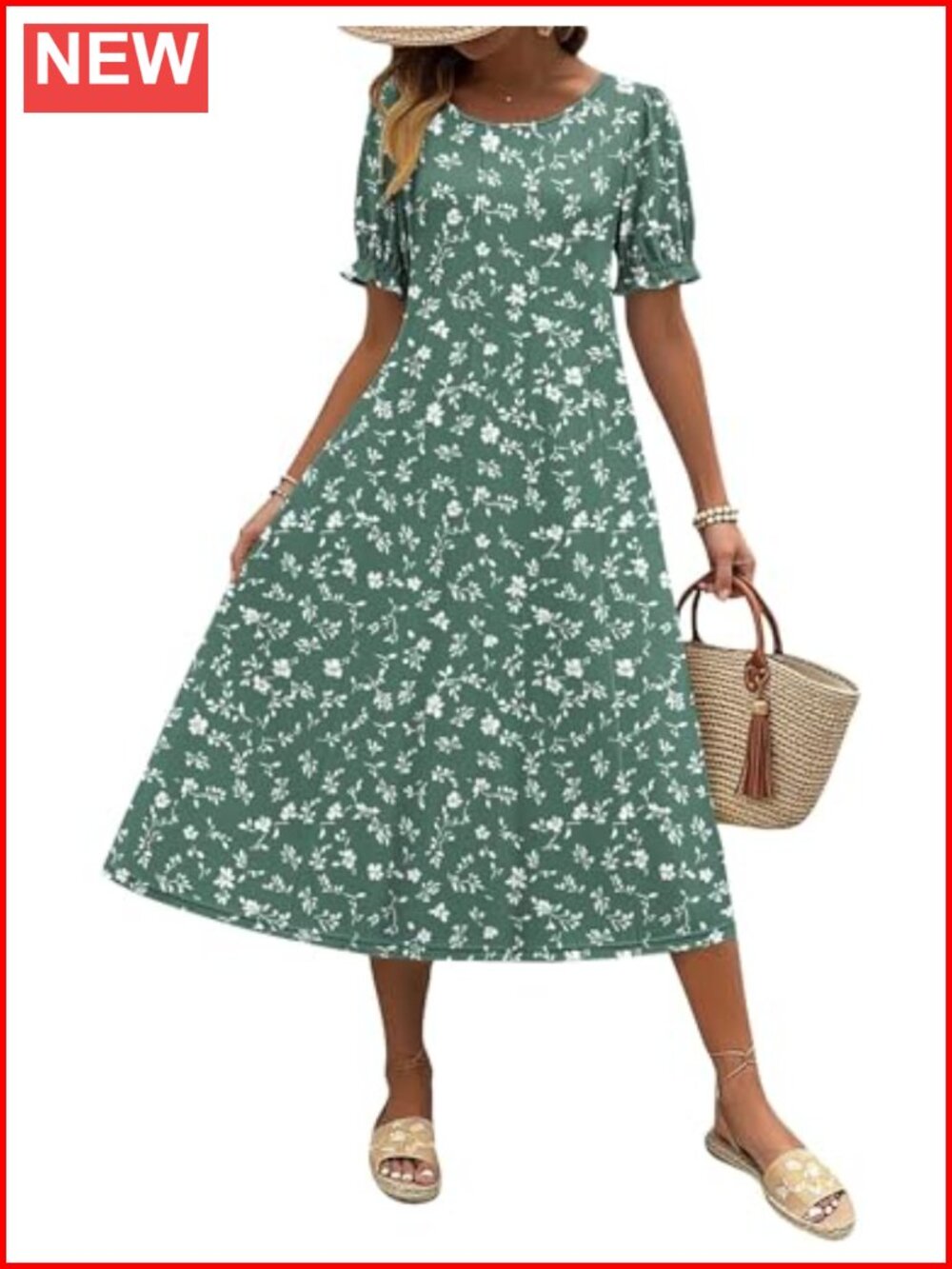 Casual Floral Midi Dress with Puff Sleeves and Pockets